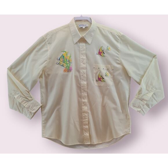 VTG Las Olas Shirt L Yellow White Tropical Fish Embroidered GUC See Photos - Picture 1 of 9